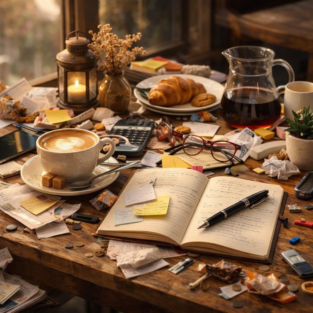 Coffee cup with latte art, open notebook with pen, croissant on plate, glasses, candle lantern, and coffee pitcher on wooden table
