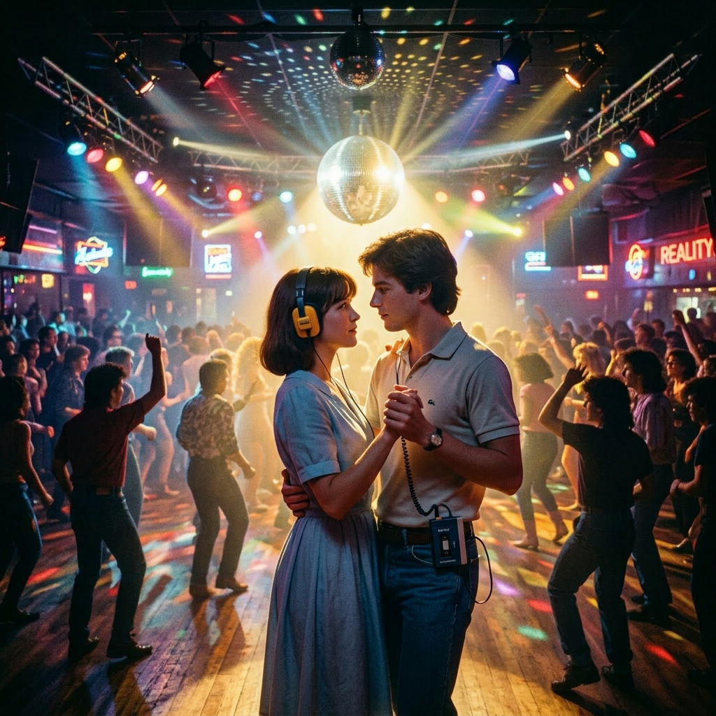 Couple dancing closely with headphones in a vibrant crowded disco
