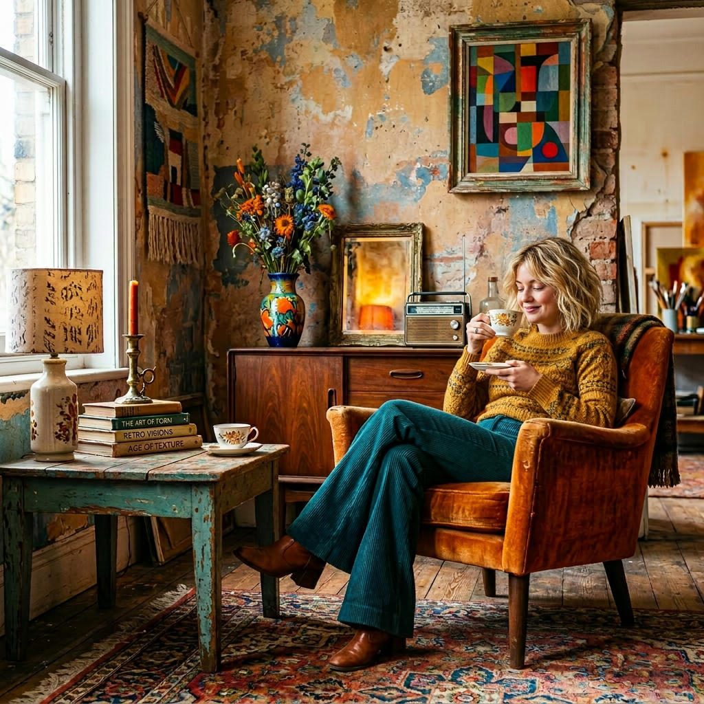 Woman sitting in a vintage armchair sipping tea in a cozy living room with rustic decor