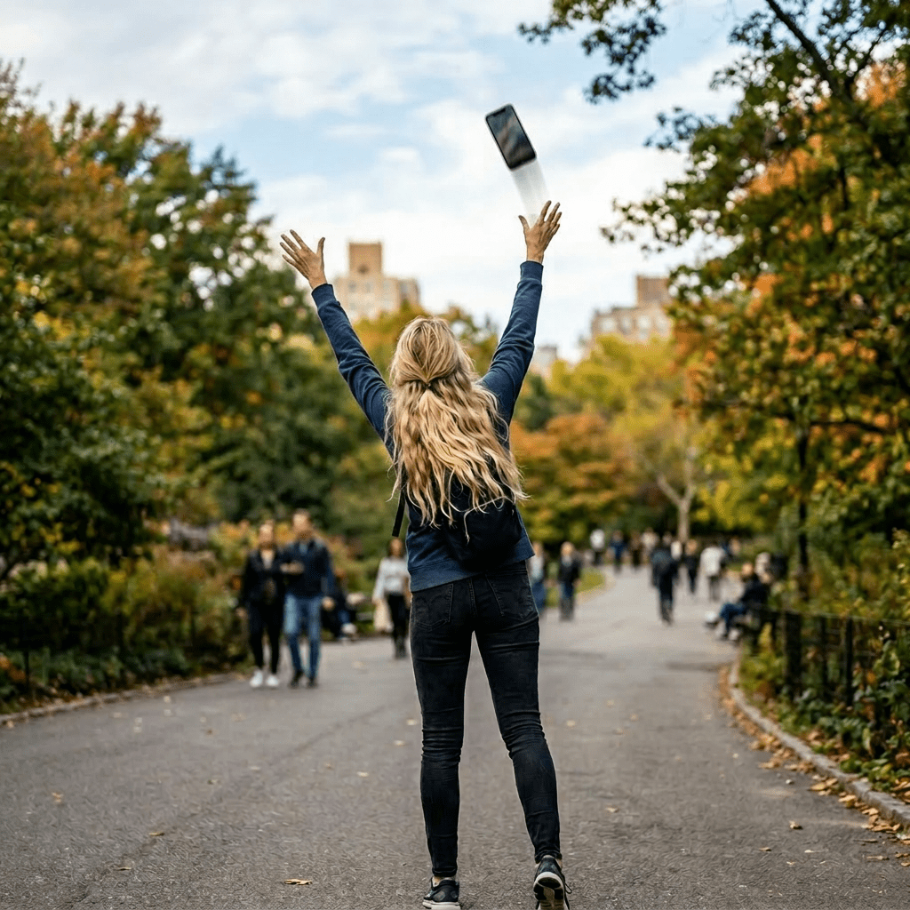 Woman in dark clothes tossing a phone up on a park walkway