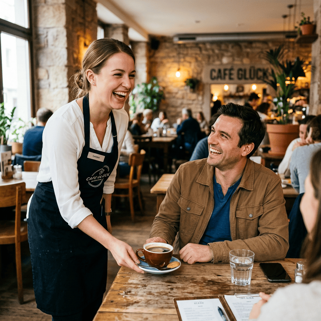 Waitress serving coffee to a smiling man in a busy café